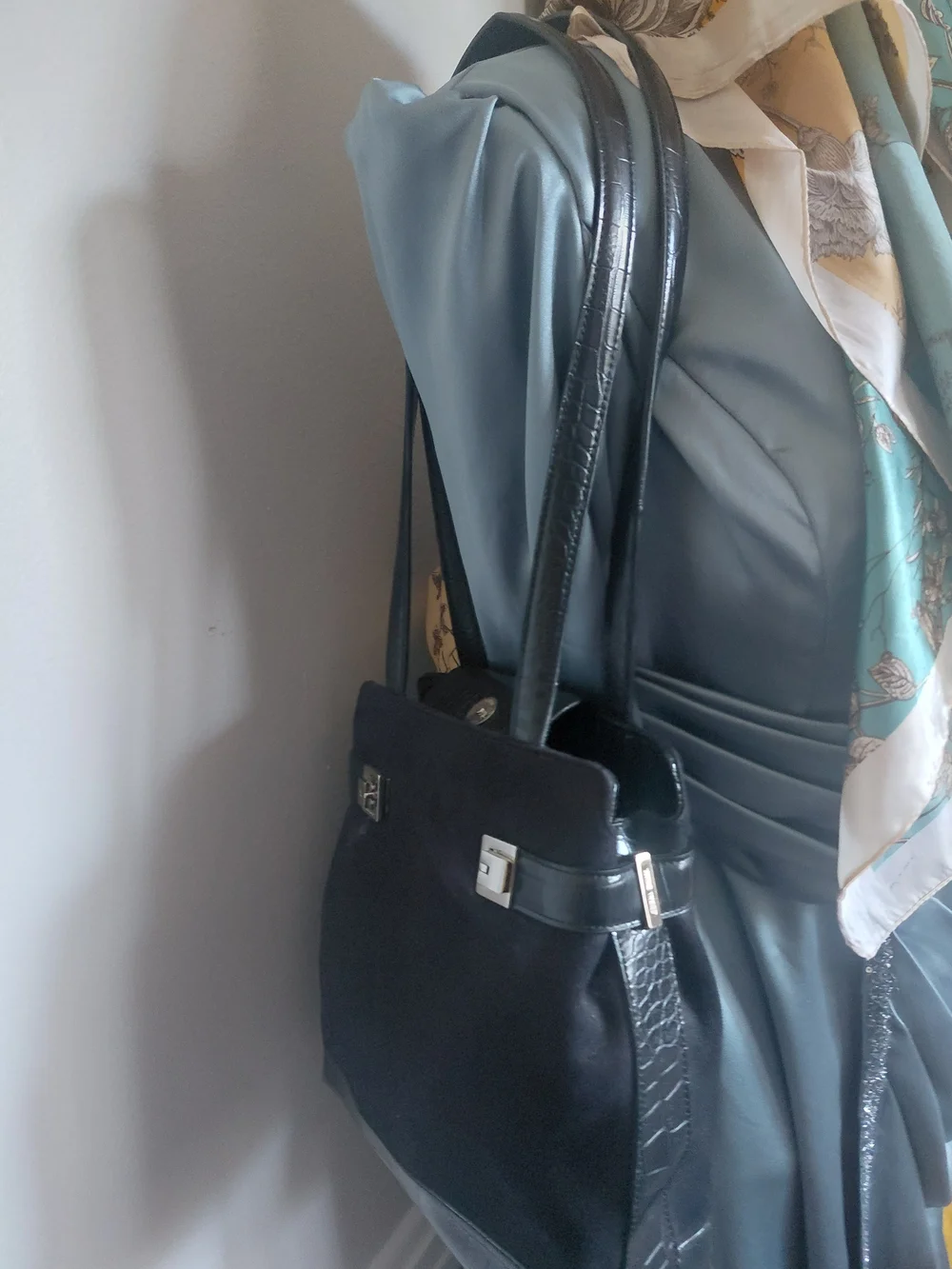 Vintage Nine West Black Suede Tote Bag with Leather Trim